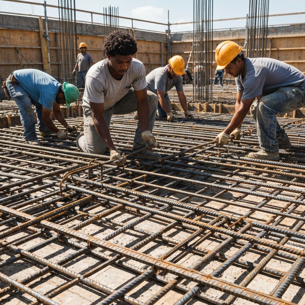 Workers placing rebar in foundation